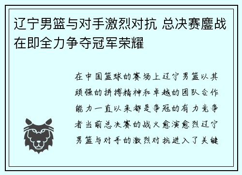 辽宁男篮与对手激烈对抗 总决赛鏖战在即全力争夺冠军荣耀