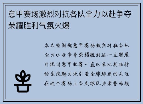 意甲赛场激烈对抗各队全力以赴争夺荣耀胜利气氛火爆