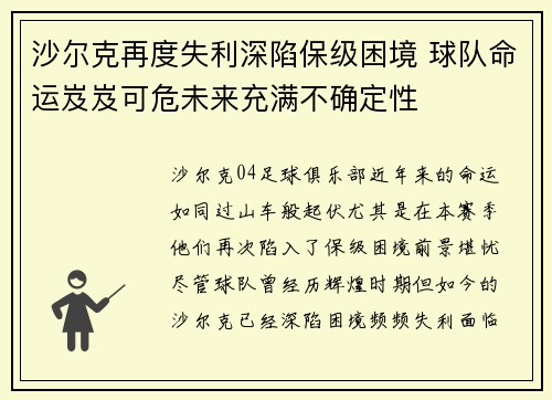 沙尔克再度失利深陷保级困境 球队命运岌岌可危未来充满不确定性
