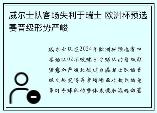 威尔士队客场失利于瑞士 欧洲杯预选赛晋级形势严峻
