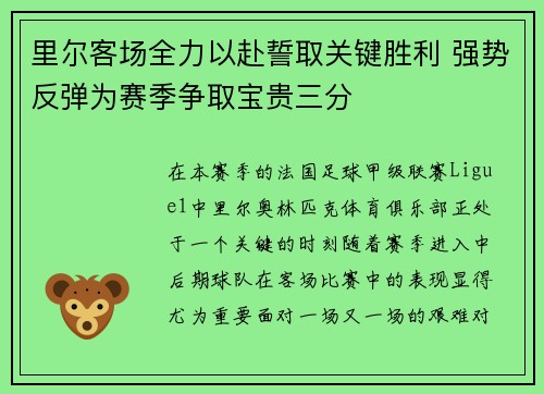 里尔客场全力以赴誓取关键胜利 强势反弹为赛季争取宝贵三分